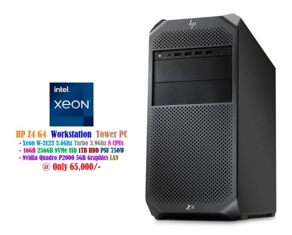 HP Z4 G4 Workstation Tower Xeon W-2123 3.6Ghz 8 CPUs 16GB 256GB NVMe SSD 1TB HDD PSU 750W LAN AMD Nvidia Quadro P2000 5GB Graphics