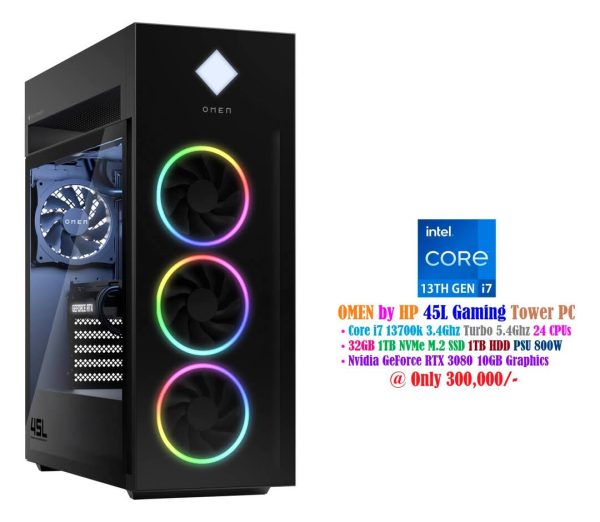OMEN by HP 45L Gaming Tower PC Core i7 13700k 3.4Ghz 24 CPU's 32GB 1TB NVMe SSD 1TB HDD PSU 800W Nvidia GeForce RTX 3080 10GB Graphics