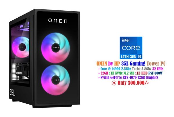 OMEN by HP 35L Gaming Tower PC Core i9 14900 2.5Ghz 32 CPU's 32GB 1TB NVMe SSD 1TB HDD PSU 800W GeForce RTX 4070 12GB Graphics