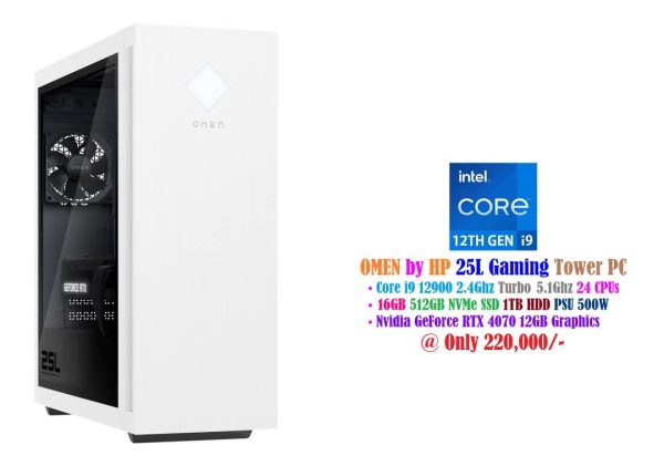 OMEN by HP 25L Gaming Tower PC Core i9 12900 2.4Ghz 24 CPU's 16GB 512GB NVMe SSD 1TB HDD PSU 500W Nvidia GeForce RTX 4070 12GB Graphics
