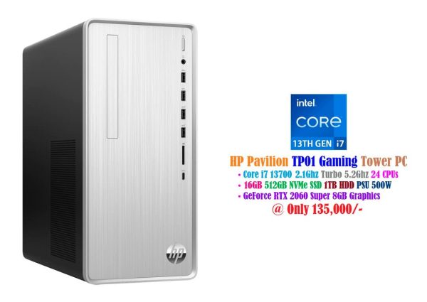 HP Pavilion TP01 Gaming Tower Core i7 13700 2.1Ghz 24 CPUs 32GB 512GB NVMe SSD 1TB HDD 500W Nvidia GeForce RTX 2060 Super 8GB Graphics