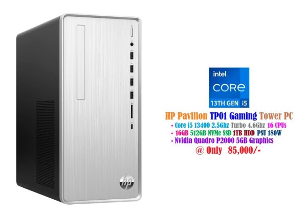 HP Pavilion TP01 Gaming Tower Core i5 13400 2.5Ghz 16 CPUs 32GB 512GB NVMe SSD 1TB HDD 180W Nvidia Quadro P2000 5GB Graphics Card