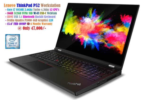 Lenovo ThinkPad P52 Workstation Laptop Core i7 8850H 2.6Ghz 12 CPU's 16GB 512GB NVMe SSD Nvidia Quadro P1000 4GB Graphics