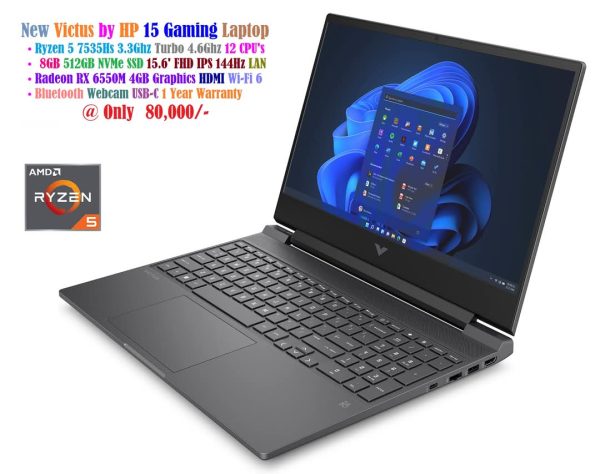 New Victus by HP 15 Gaming Laptop Ryzen 5 7535Hs 3.3Ghz 12 CPU's 8GB 512GB NVMe SSD 15.6' IPS 144Hz FHD AMD Radeon RX 6550M 4GB Graphics