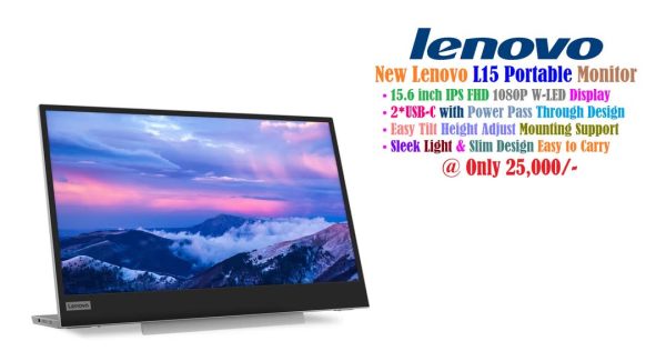 New Lenovo L15 15.6" IPS FHD WLED USB-C Portable Mobile Monitor Sleek Slim Light Design Easy to Carry Easy Tilt Height Adjustment Mounting Support Display