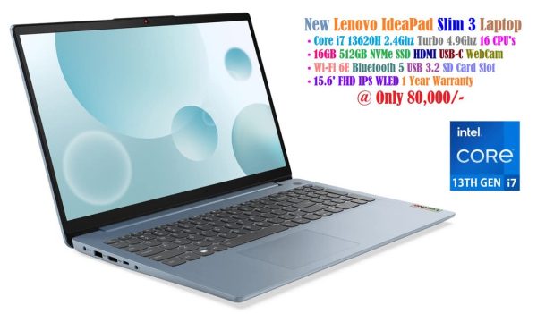 New Lenovo IdeaPad Slim 3 Laptop Core i7 13620H 2.4Ghz 16 CPU's 16GB 512GB NVMe SSD 15.6′ FHD HDMI Wi-Fi Bluetooth Webcam SD USB-C