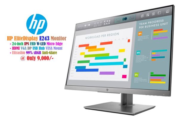 HP EliteDisplay E243 Monitor 24-inch IPS FHD WLED Micro Edge HDMI VGA DP USB Hub VESA Mount Ultraslim 99% sRGB Anti-Glare Display