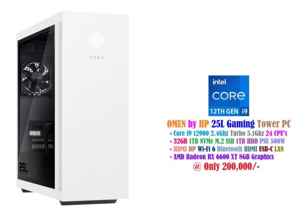 OMEN by HP 25L Gaming Tower PC Core i9 12900 2.4Ghz 24 CPU's 32GB 1TB NVMe SSD 1TB HDD PSU 500W AMD Radeon RX 6600 XT 8GB Graphics