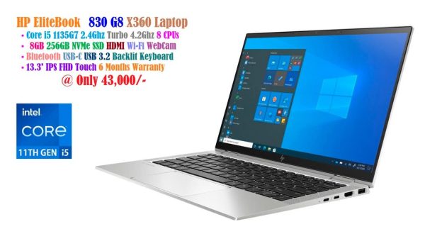 HP EliteBook 830 G8 X360 UltraBook Core i5 1135G7 2.4Ghz 8 CPUs 8GB 256GB NVMe SSD 13.3' IPS FHD TouchScreen Convertible 2-in-1 Laptop Tablet