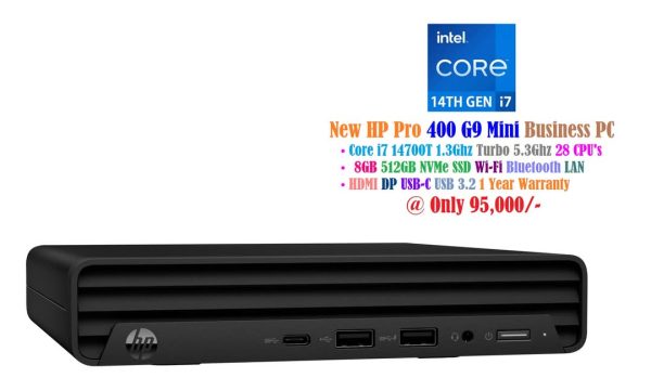 New HP Pro 400 G9 Mini PC Core i7 14700T 1.3Ghz 28 CPU's 8GB 512GB NVMe SSD Wi-Fi Bluetooth HDMI DP LAN PSU 90W Intel UHD 770 Graphics