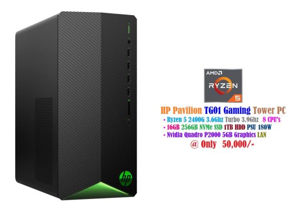 HP Pavilion TG01 Gaming Tower Ryzen 5 2400G 3.6Ghz 8 CPU's 16GB 256GB NVMe SSD 1TB HDD PSU 250W Nvidia Quadro P2000 5GB Graphics