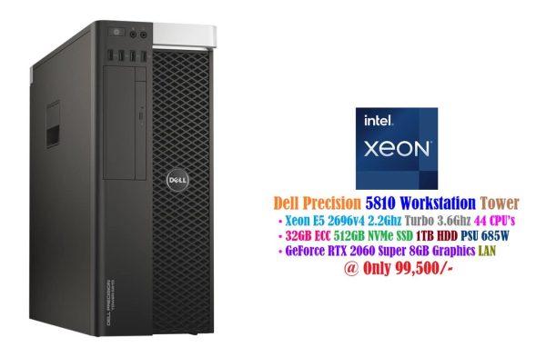 Dell Precision 5810 Workstation Tower Xeon E5 2696v4 2.2Ghz 44 CPU’s 32GB ECC 512GB NVMe SSD 1TB HDD PSU 685W GeForce RTX 2060 Super 8GB Graphics