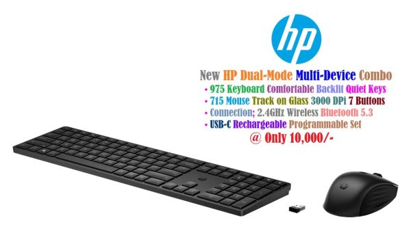 New HP Dual-Mode Multi-Device Combo 975 Keyboard Backlit Quiet Keys 715 Mouse 3000 DPi 7 Buttons Wireless Bluetooth USB-C Rechargeable