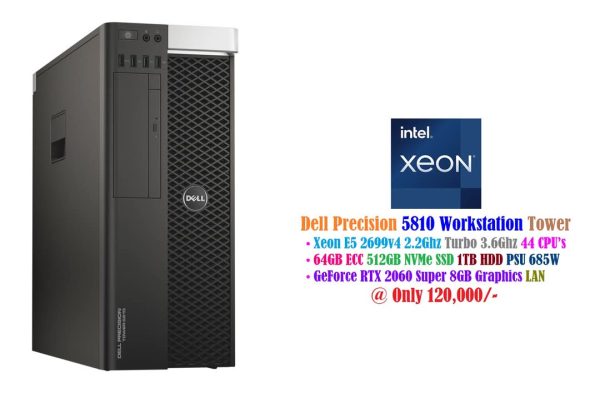 Dell Precision 5810 Workstation Tower Xeon E5 2699v4 2.2Ghz 44 CPU’s 64GB ECC 512GB NVMe SSD 1TB HDD PSU 685W GeForce RTX 2060 Super 8GB Graphics