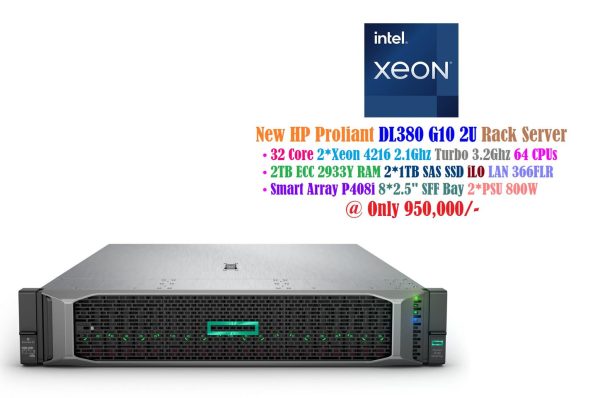 HP Proliant DL380 G10 Server 2*Xeon 4216 2.1Ghz 64 CPU's 2TB ECC 2933Y 2*1.2TB SAS SSD 2*PSU 800W USB 3.0 8*2.5" SFF Bay 4*LAN iLO P408i