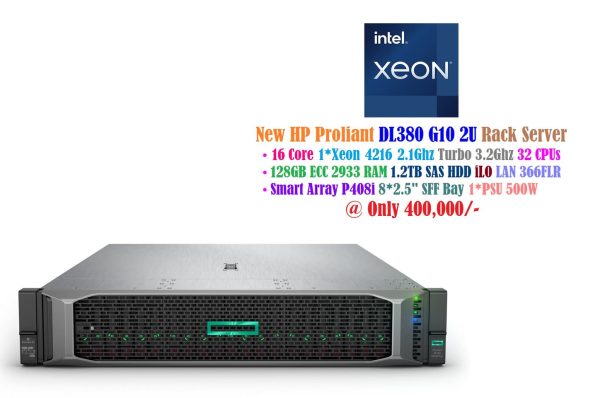 New HP Proliant DL380 G10 Server Xeon 4216 2.1Ghz 32 CPUs 128GB ECC 2933Y 1.2TB SAS HDD PSU 500W USB 3.0 8*2.5" SFF Bay 4*LAN iLO P408i