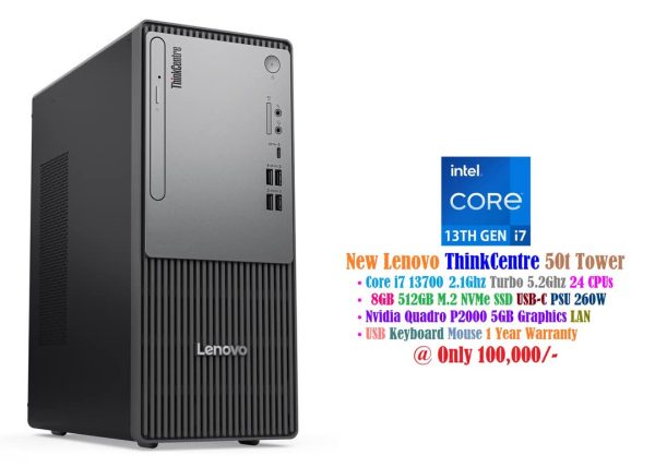 New Lenovo ThinkCentre Neo 50t Tower Core i7 13700 2.1Ghz 24 CPUs 8GB 512GB NVMe SSD PSU 260W USB-C LAN Nvidia Quadro P2000 5GB Graphics