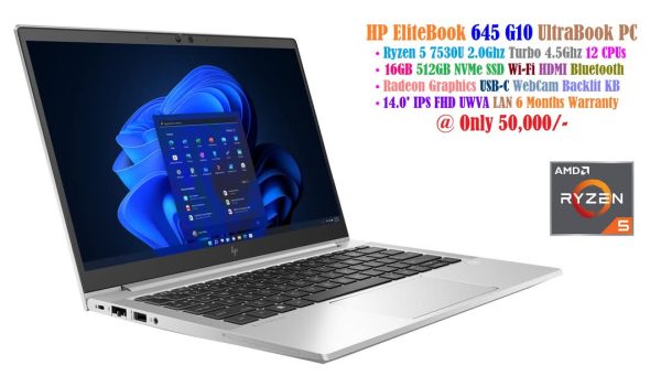 HP EliteBook 645 G10 UltraBook Laptop Ryzen 5 7530U 2.0Ghz 12 CPUs 16GB 512GB NVMe SSD 14.0' IPS FHD AMD Radeon Mobile Graphics