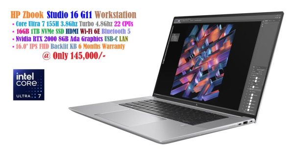 HP Zbook Studio 16 G11 Workstation Laptop Core Ultra 7 155H 3.8Ghz 22 CPUs 16GB 1TB NVMe SSD 16.0' IPS FHD Nvidia RTX 2000 8GB Ada Graphics