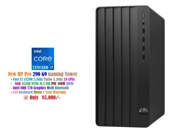 New HP Pro Tower 290 G9 Gaming Desktop Core i7 13700 2.1Ghz 24 CPUs 8GB 512GB NVMe SSD PSU 180W Wi-Fi BT LAN Intel UHD 770 Graphics