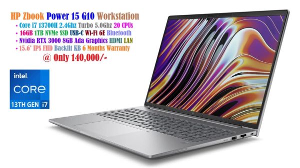 HP Zbook Power 15 G10 Workstation Laptop Core i7 13700H 2.4Ghz 20 CPUs 16GB 1TB NVMe SSD 15.6′ IPS FHD Nvidia RTX 3000 Ada 8GB Graphics