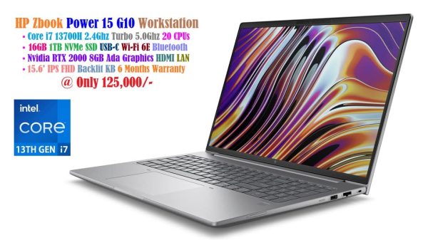 HP Zbook Power 15 G10 Workstation Laptop Core i7 13700H 2.4Ghz 20 CPUs 16GB 1TB NVMe SSD 15.6′ IPS FHD Nvidia RTX 2000 Ada 8GB Graphics