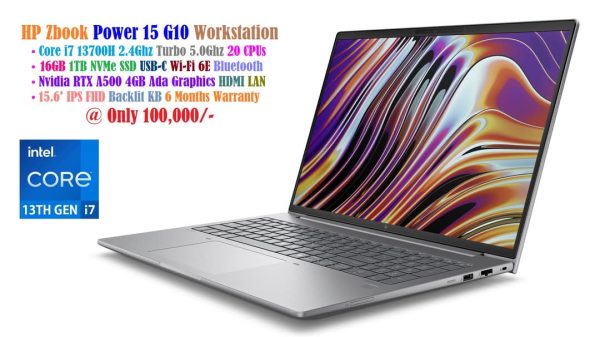 HP Zbook Power 15 G10 Workstation Laptop Core i7 13700H 2.4Ghz 20 CPUs 16GB 1TB NVMe SSD 15.6′ IPS FHD Nvidia RTX A500 4GB Graphics