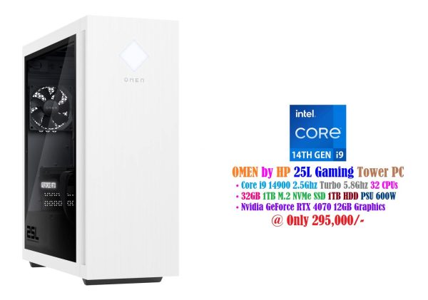 OMEN by HP 25L Gaming Tower PC Core i9 14900 2.5Ghz 32 CPU's 32GB 1TB NVMe SSD 1TB HDD PSU 600W GeForce RTX 4070 12GB Graphics