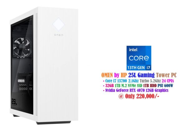 OMEN by HP 25L Gaming Tower PC Core i7 13700 2.1Ghz 24 CPUs 32GB 1TB NVMe SSD 1TB HDD PSU 800W Nvidia GeForce RTX 4070 12GB Graphics